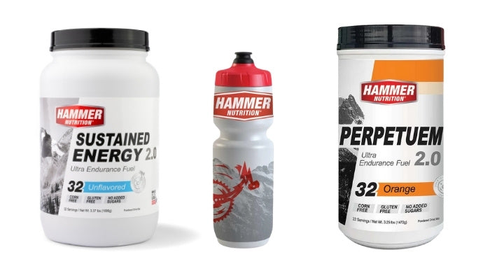 Sustained Energy 2.0 next to Hammer Double insulated water bottle next to Perpetuem 2.0 orange